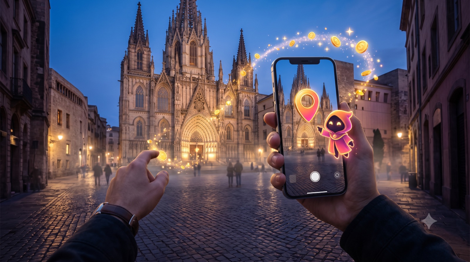 A player holds up a phone at a cathedral square; an AR character and coins appear on screen
