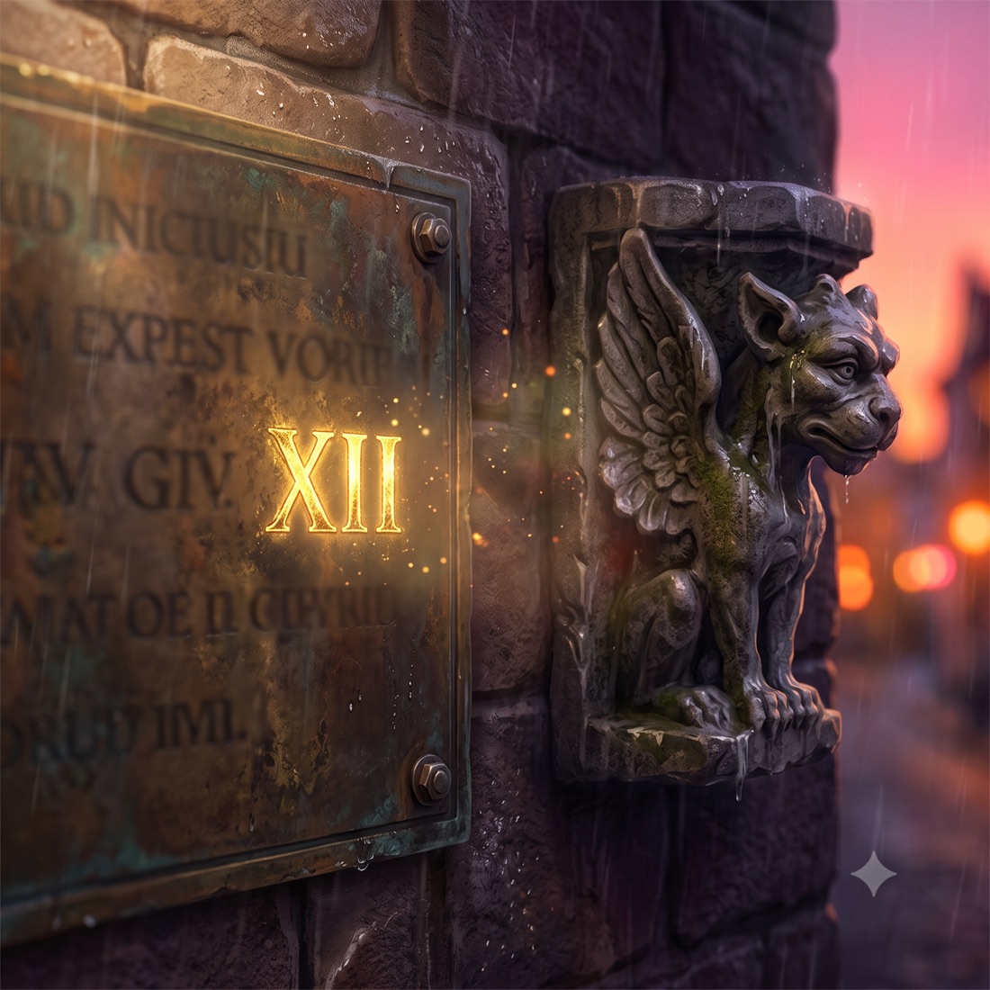 A weathered bronze plaque beside a stone gargoyle, one numeral glowing gold