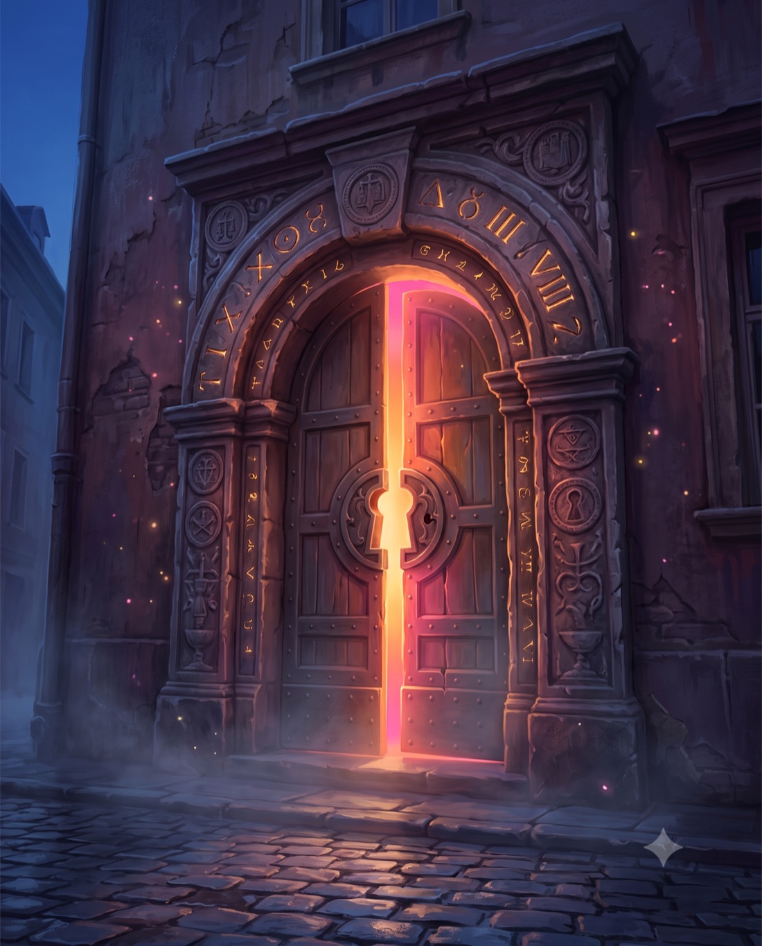 An ancient sealed double door carved with glowing seals and numerals, warm light escaping through the keyhole